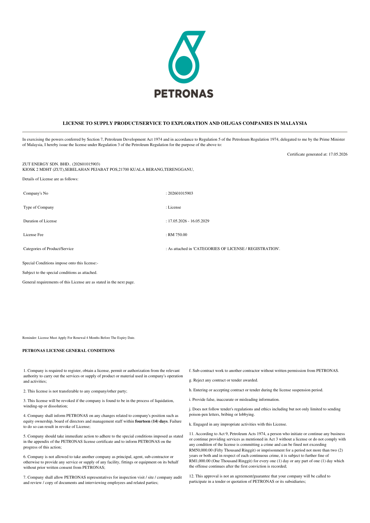 PETRONAS License — ZUT Energy Sdn Bhd