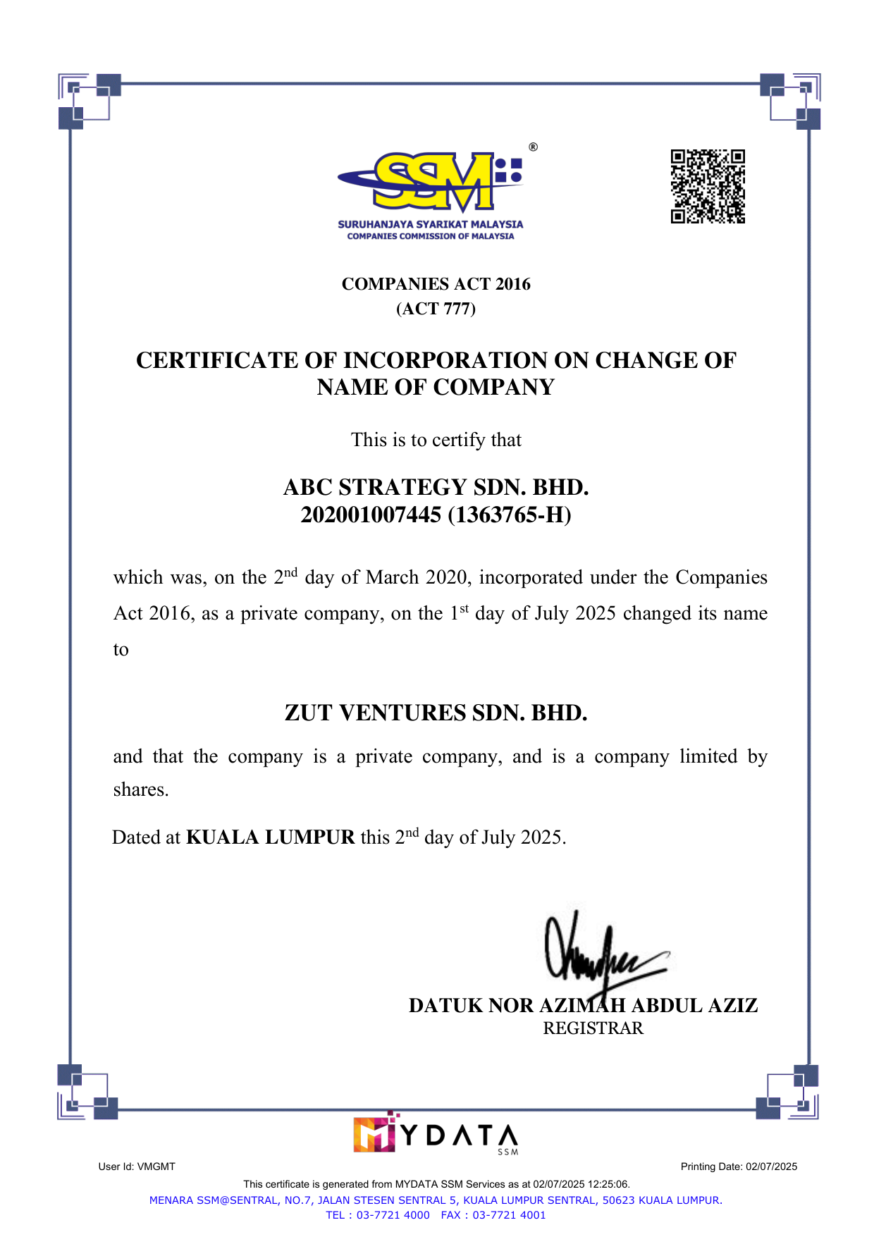 SSM Certificate of Incorporation — ZUT Ventures Sdn Bhd